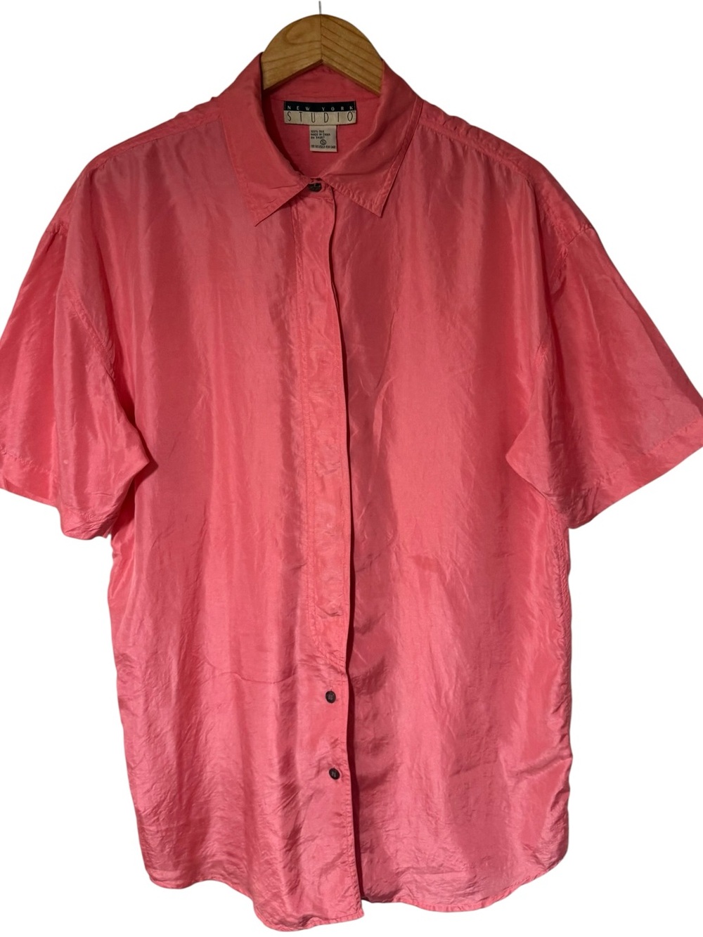 VTG New York Studio 100% Silk Blouse Shirt Pink Short Sleeve Button Up S